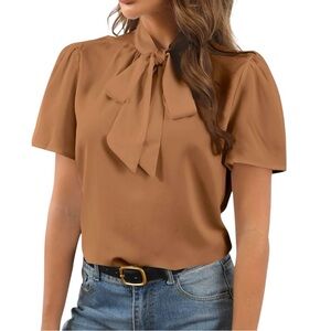 NWT Chigant Neutral Satin Blouse with Tie Neck – Size Small Businesscore Boss